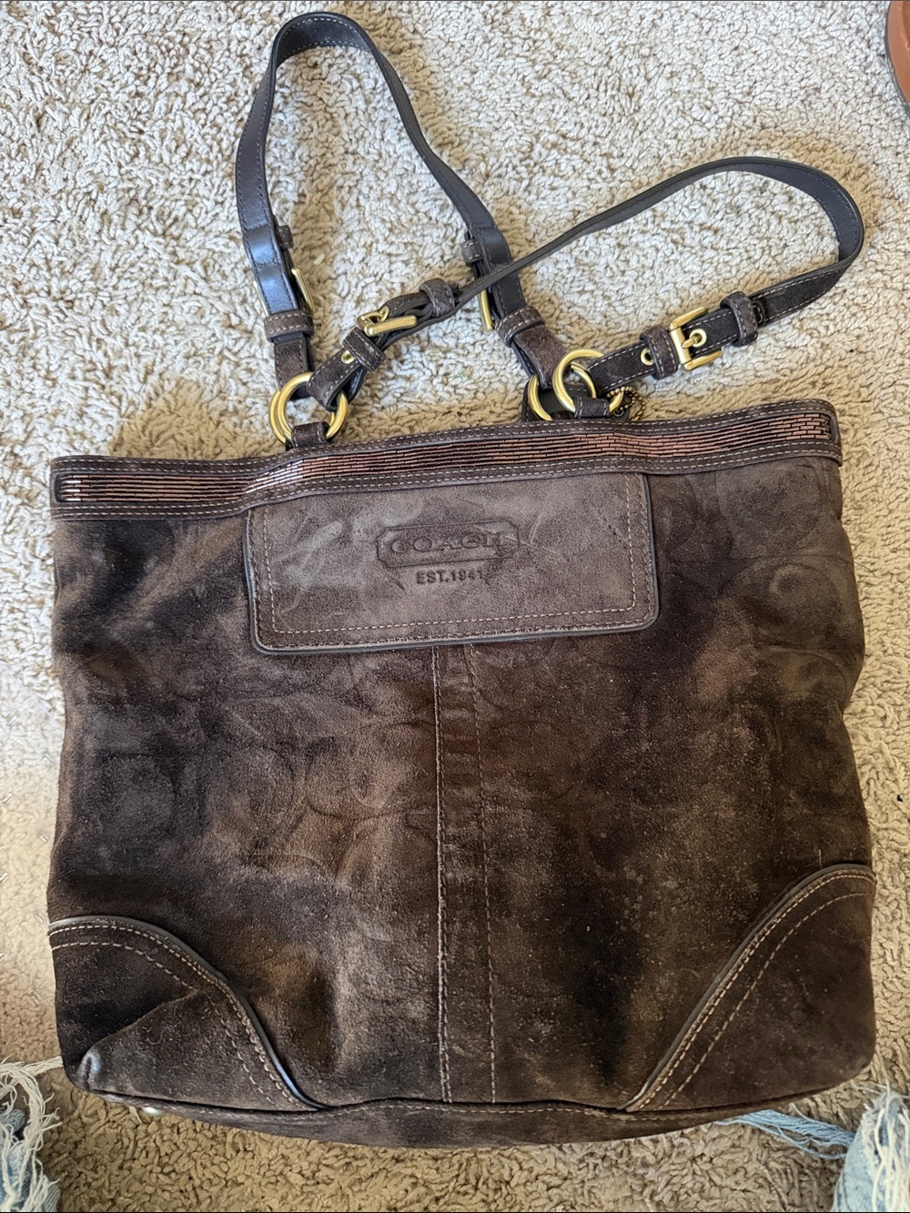 COACH Dark Brown Suede Shoulder Bag with Leather Straps